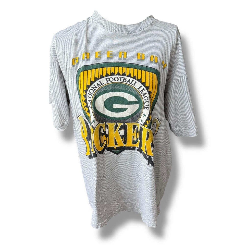 Vtg 90s Green Bay Packers NFL T-Shirt striped short sleeve men large gray yellow